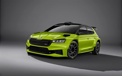 2023, Skoda Fabia RS Rally2, 4k, front view, exterior, green Skoda Fabia, Skoda Fabia tuning, racing cars, Skoda