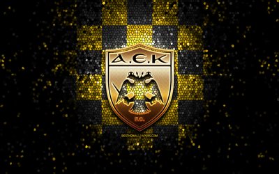 AEK Athens FC, glitter logo, Super League Greece, yellow black checkered background, soccer, greek football club, AEK Athens logo, mosaic art, football, AEK Athens