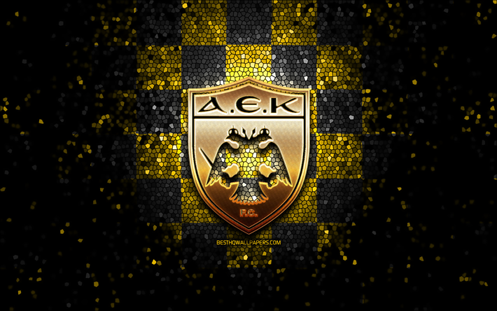 aek athens fc, logo glitter, super league grecia, sfondo giallo nero a scacchi, calcio, squadra di calcio greca, logo aek athens, arte del mosaico, aek athens