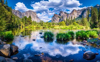 4k, yosemite national park, sommar, hdr, dal, berg, flod, kalifornien, amerika, vacker natur, amerikanska landmärken, usa