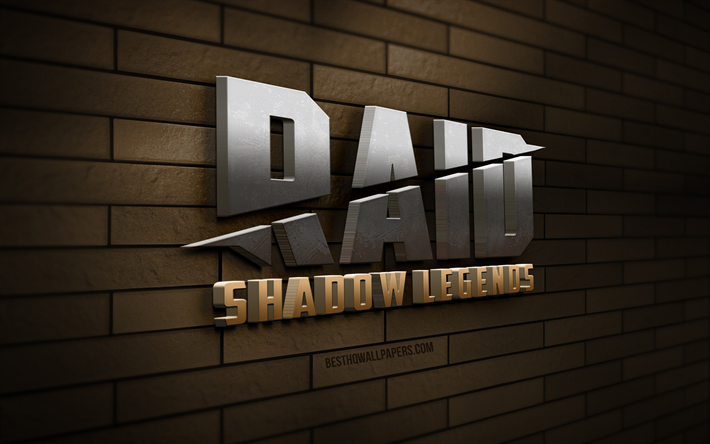 logo raid shadow legends 3d, 4k, muro di mattoni marrone, creativit&#224;, giochi online, logo raid shadow legends, grafica 3d, raid shadow legends