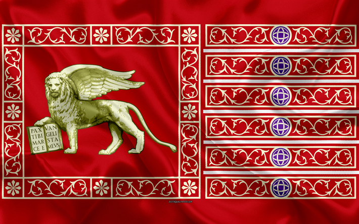 Lipun Venetsia, 4k, silkki tekstuuri, punainen silkki lippu, vaakuna, Italian kaupunki, Venetsia, Italia, symbolit