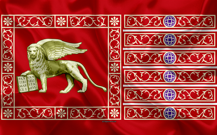 Flag of Venice, 4k, silk texture, red silk flag, coat of arms, Italian city, Venice, Italy, symbols