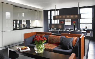 elegante y lujoso comedor interior, un dise&#241;o interior moderno, sala de estar, gris, blanco estilo
