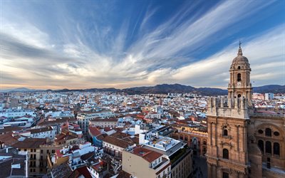 Malaga, manh&#227;, nascer do sol, ver&#227;o, paisagem urbana, casas, Espanha