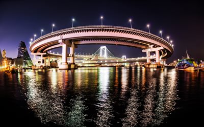 4k, Puente de arco iris, iluminaciones, paisaje nocturno, Shibaura Muelle, Odaiba, Tokio, Jap&#243;n