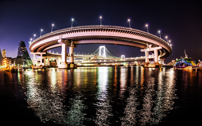 4k, rainbow bridge, beleuchtet, nightscape, shibaura pier, odaiba, tokio, japan