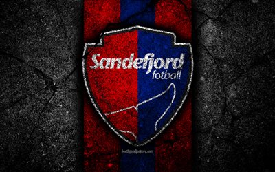 4k, Sandefjord FC, emblem, Eliteserien, black stone, football, Norway, Sandefjord, logo, asphalt texture, soccer, FC Sandefjord