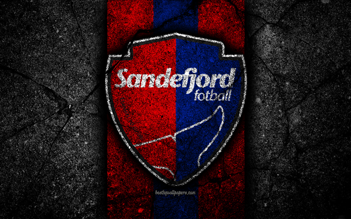 4k, Sandefjord FC, emblem, Eliteserien, svart sten, fotboll, Norge, Sandefjord, logotyp, asfalt konsistens, FC Sandefjord