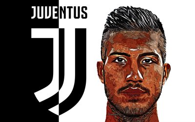 Emre Can, 4k, art, Juventus FC, German footballer, portrait, grunge art, new Juventus logo, emblem, black and white background, creative art, Serie A, Italy