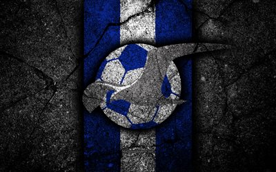 4k, Haugesund FC, emblem, Eliteserien, black stone, football, Norway, Haugesund, logo, asphalt texture, soccer, FC Haugesund