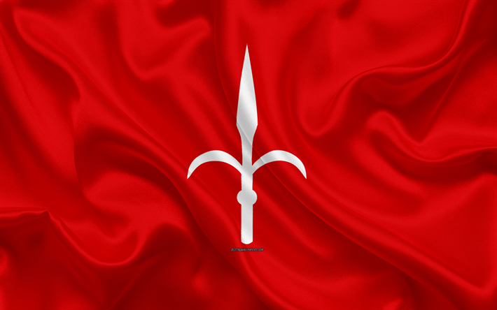 Trieste bayrağı, 4k, ipek doku, kırmızı ipek bayrak, arma, İtalyan kenti Trieste, Friuli-Venezia Giulia, İtalya, semboller