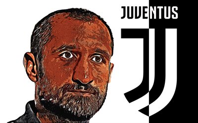 Giorgio Chiellini, 4k, art, Juventus FC, Italian jalkapalloilija, kapteeni, muotokuva, grunge art, uusi Juventus logo, tunnus, musta ja valkoinen tausta, creative art, Serie, Italia
