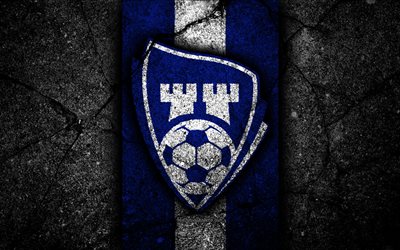 4k, Sarpsborg 08 FC, emblem, Eliteserien, black stone, football, Norway, Sarpsborg 08, logo, asphalt texture, soccer, FC Sarpsborg 08