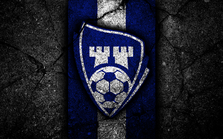 4k, Sarpsborg 08 FC, emblem, Eliteserien, svart sten, fotboll, Norge, Sarpsborg 08, logotyp, asfalt konsistens, FC Sarpsborg 08