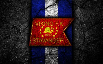4k, Viking FC, emblem, Eliteserien, black stone, football, Norway, Viking, logo, asphalt texture, soccer, FC Viking