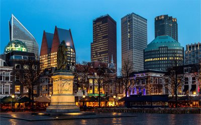 La Haya, noche, panorama de la ciudad, los edificios modernos, los rascacielos, los pa&#237;ses Bajos, Holanda