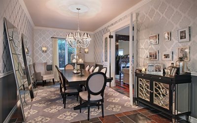 modern stylish interior design dining room, classic style, luxurious interior, dining room, large mirrors, gray large dining table