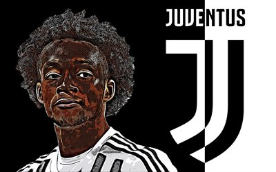 Juan Cuadrado, 4k, art, Juventus FC, Colombian footballer, portrait, grunge art, new Juventus logo, emblem, black and white background, creative art, Serie A, Italy, Juan Guillermo Cuadrado Bello