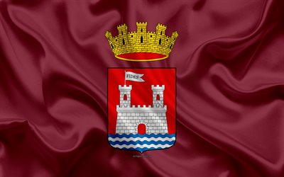 Flag of Livorno, 4k, silk texture, burgundy silk flag, coat of arms, Italian city, Livorno, Tuscany, Italy, symbols