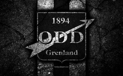 4k, Odd Grenland FC, emblem, Eliteserien, black stone, football, Norway, Odd Grenland, logo, asphalt texture, soccer, FC Odd Grenland