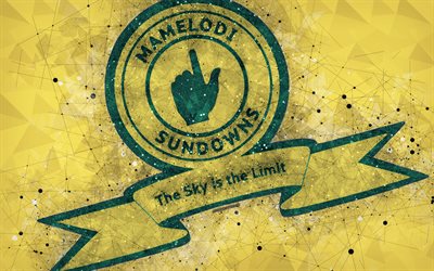 Mamelodi Sundowns FC, 4k, logo, geometric art, South African football club, yellow background, Premier Soccer League, PSL, Pretoria, South Africa, football