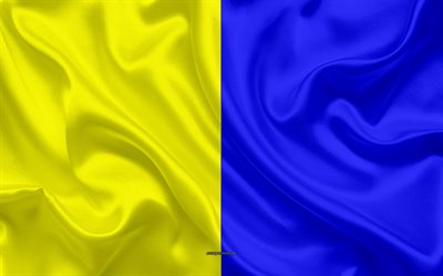 Flag of Modena, 4k, silk texture, yellow blue silk flag, Italian city, Modena, Emilia-Romagna, Italy, symbols