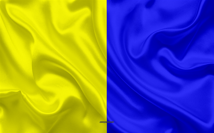 Bandiera di Modena, 4k, seta, texture, giallo, blu, bandiera, citt&#224; italiana, Modena, Emilia-Romagna, Italia, simboli