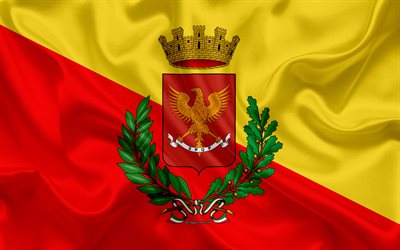 Palermo, Flag of Palermo, 4k, silk texture, yellow red silk flag, coat of arms, Italian city, Sicily, Italy, symbols