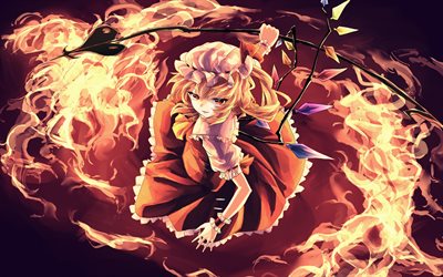 Flandre Scarlet, fire, manga, anime characters, Touhou