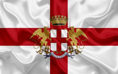 Flag of Genoa, 4k, silk texture, white red silk flag, coat of arms, Italian city, Genoa, Liguria, Italy, symbols