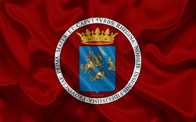 Flag of Reggio Calabria, 4k, silk texture, burgundy silk flag, coat of arms, Italian city, Reggio Calabria, Calabria, Italy, symbols