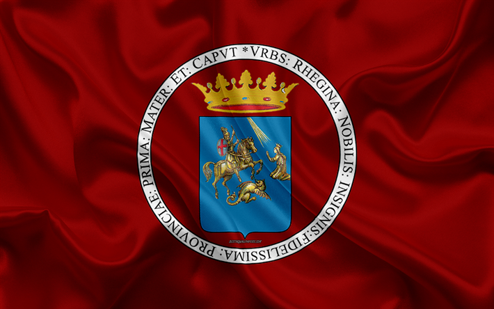 Lipun Reggio Calabria, 4k, silkki tekstuuri, viininpunainen silkki lippu, vaakuna, Italian kaupunki, Reggio Calabria, Calabria, Italia, symbolit