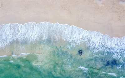 oceano, vista de cima, costa, praia, ondas, ver&#227;o, areia, quadrocopter