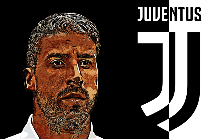 Sami Khedira, 4k, arte, A Juventus FC, Futebolista alem&#227;o, retrato, grunge arte, novo logotipo da Juventus, emblema, fundo preto e branco, arte criativa, Serie A, It&#225;lia