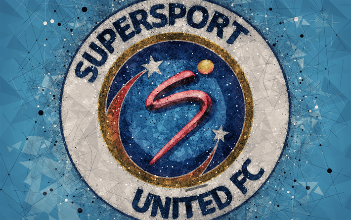 سوبر سبورت United FC, 4k, شعار, الهندسية الفنية, جنوب أفريقيا لكرة القدم, خلفية زرقاء, الممتاز لكرة القدم, ااا, بريتوريا, جنوب أفريقيا, كرة القدم