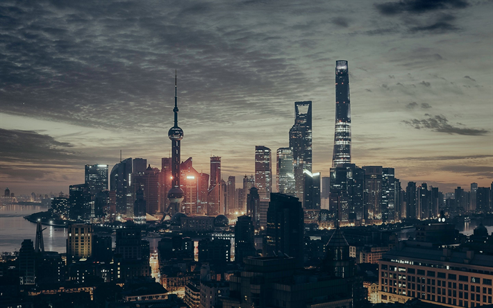 Shanghai, Torre de la Perla Oriental, paisajes nocturnos, Shanghai Tower, el rascacielos, edificios modernos, China, Asia
