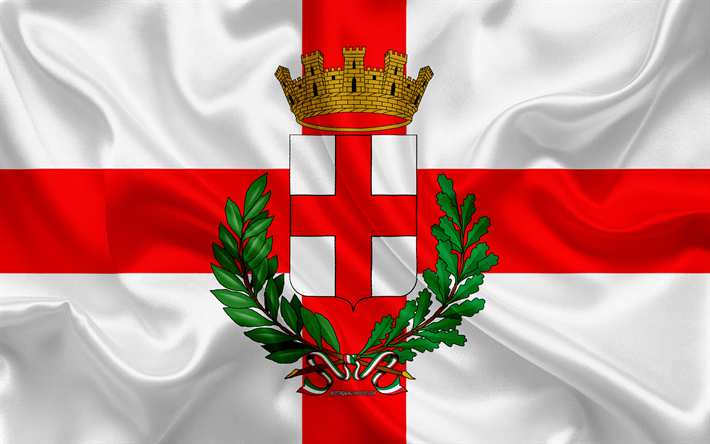 Bandera de Mil&#225;n, 4k, seda textura, blanco de seda roja de la bandera, escudo de armas, ciudad italiana, Mil&#225;n, Lombard&#237;a, Italia, s&#237;mbolos