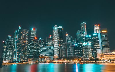 4k, Singapore, skyskrapor, natt, moderna byggnader, Asien