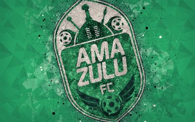 AmaZulu FC, 4k, شعار, الهندسية الفنية, جنوب أفريقيا لكرة القدم, خلفية خضراء, الممتاز لكرة القدم, ااا, ديربان, جنوب أفريقيا, كرة القدم