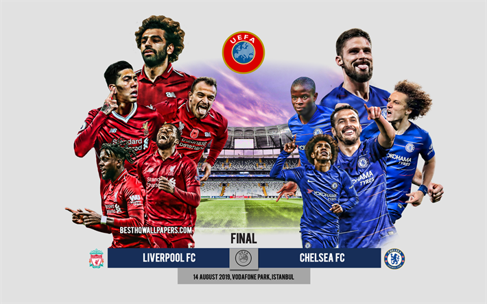 Liverpool vs Chelsea, 2019 UEFA Super Cup, partita di calcio, materiale promozionale, la UEFA, team leader, il Liverpool FC vs Chelsea FC, Vodafone Park, Istanbul, Turchia, calcio
