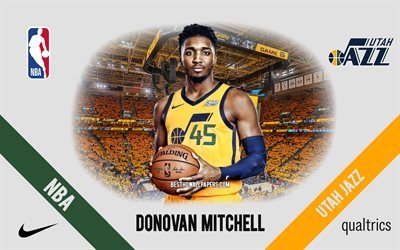 Donovan Mitchell, Utah Jazz, jogador americano de basquete, NBA, retrato, EUA, basquete, Vivint Arena, logotipo do Utah Jazz