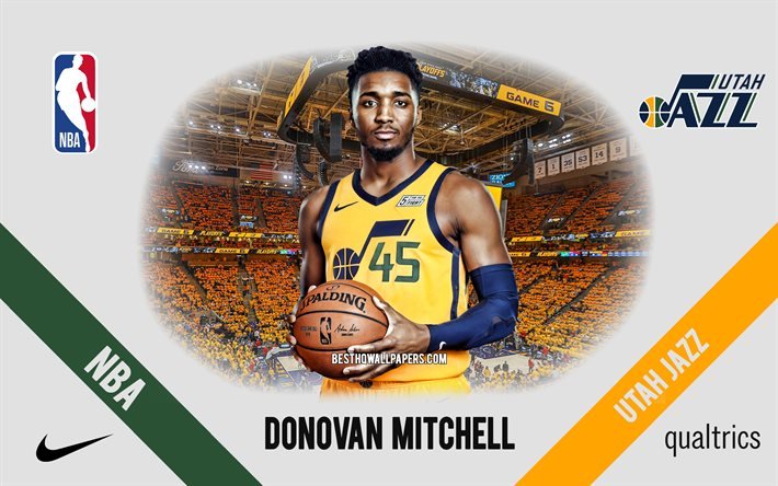 Donovan Mitchell, Utah Jazz, amerikkalainen koripallopelaaja, NBA, muotokuva, USA, koripallo, Vivint Arena, Utah Jazz-logo