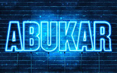Abukar, 4k, fonds d&#39;&#233;cran avec des noms, nom Abukar, n&#233;ons bleus, joyeux anniversaire Abukar, noms masculins arabes populaires, photo avec nom Abukar