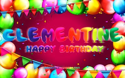 Buon compleanno Clementine, 4k, cornice di palloncini colorati, nome Clementine, sfondo viola, Clementine Happy Birthday, Clementine Birthday, nomi femminili americani popolari, concetto di compleanno, Clementine