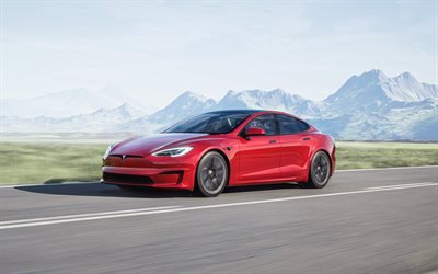 2021, Tesla Model S 2017-, 4 ك, مشهد أمامي, ‫الشكل الخارج, موديل S باللون الأحمر الجديد, السيارات الكهربائية, السيارات الأمريكية, تسلا – وحدة كثافة الدفق المغنطيسي (وبير للمتر المربع)