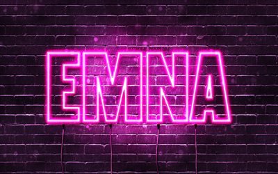 Emna, 4k, fonds d&#39;&#233;cran avec des noms, noms f&#233;minins, nom Emna, n&#233;ons violets, joyeux anniversaire Emna, noms f&#233;minins arabes populaires, photo avec nom Emna