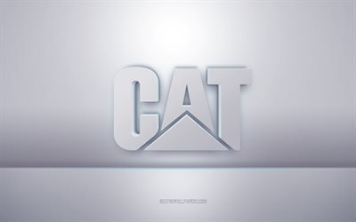 CAT logo bianco 3d, sfondo grigio, logo CAT, arte 3d creativa, CAT, emblema 3d, logo Caterpillar, Caterpillar