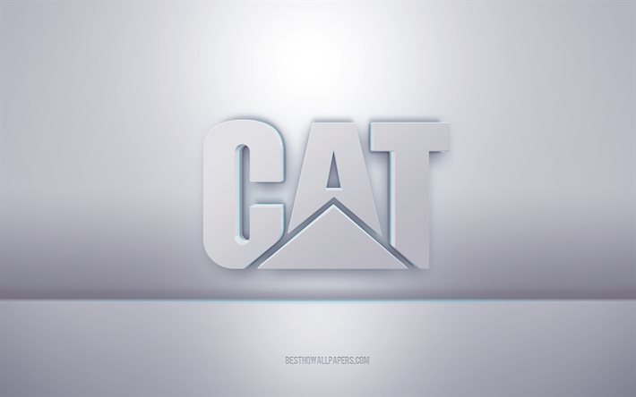 cat 3d wei&#223;es logo, grauer hintergrund, cat-logo, kreative 3d-kunst, cat, 3d-emblem, caterpillar-logo, caterpillar