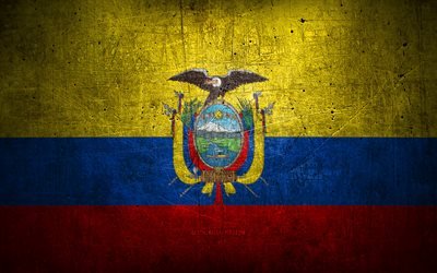 Bandiera ecuadoriana in metallo, arte grunge, paesi sudamericani, giorno dell&#39;Ecuador, simboli nazionali, bandiera dell&#39;Ecuador, bandiere di metallo, Sud America, bandiera ecuadoriana, Ecuador